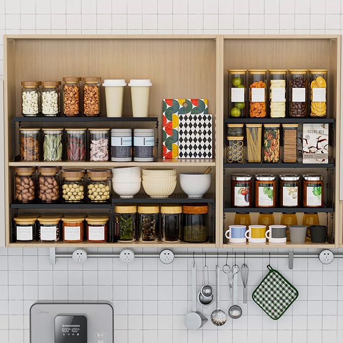 Stackable Expandable Metal Shelf Organizer - Adjustable Wire Storage Rack with Holes for Kitchen, Bathroom, Cabinet, Office - Space Saving, Durable & Sturdy Design（1PACK/Large/Black
