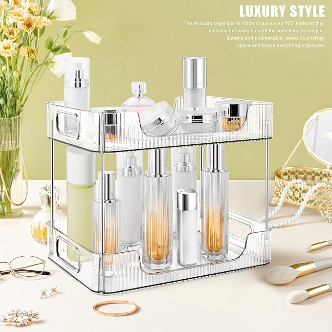 2-Tier Bathroom Counter Organizer Countertop Storage, Dresser Organizer Vanity Tray for Makeup, Perfume Organizer Cosmetics Skincare Shelf- Clear