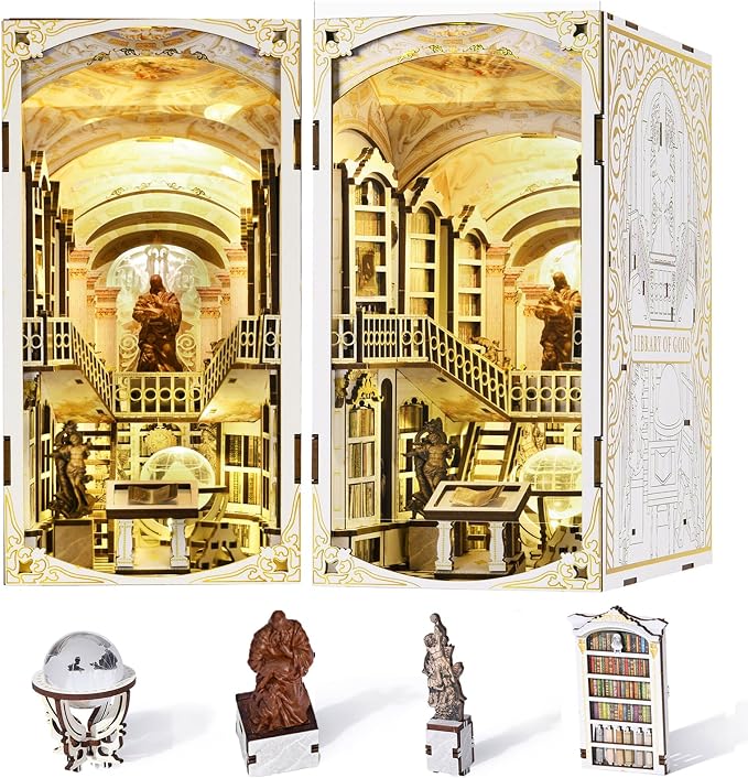 MiniCity DIY Book Nook Kit for Adults, 3D Wooden Puzzle Bookend Bookshelf Insert Decor with LED Light and Dust Cover (Library of Gods)