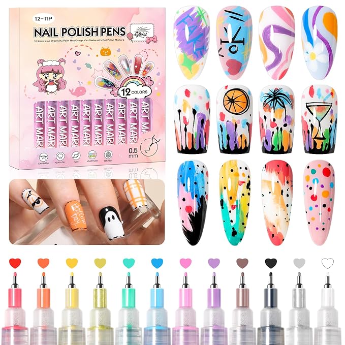 12 Colors Nail Art Pens Set, 0.5mm Fine Tip Nail Art Markers Polish Pen for 3D Nail Art, Quick-Drying Acrylic Paint MarkerPen Drawing Painting Liner Brush for DIY Nail Art Manicure Tool