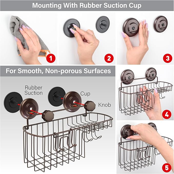 HASKO 2 Pack Shower Caddy Suction Cup with Hooks & Soap holder, Includes 2 Soap Savers, Shower Shelf, Bathroom Storage Organizer, Rustproof Shampoo Holder, Bronze