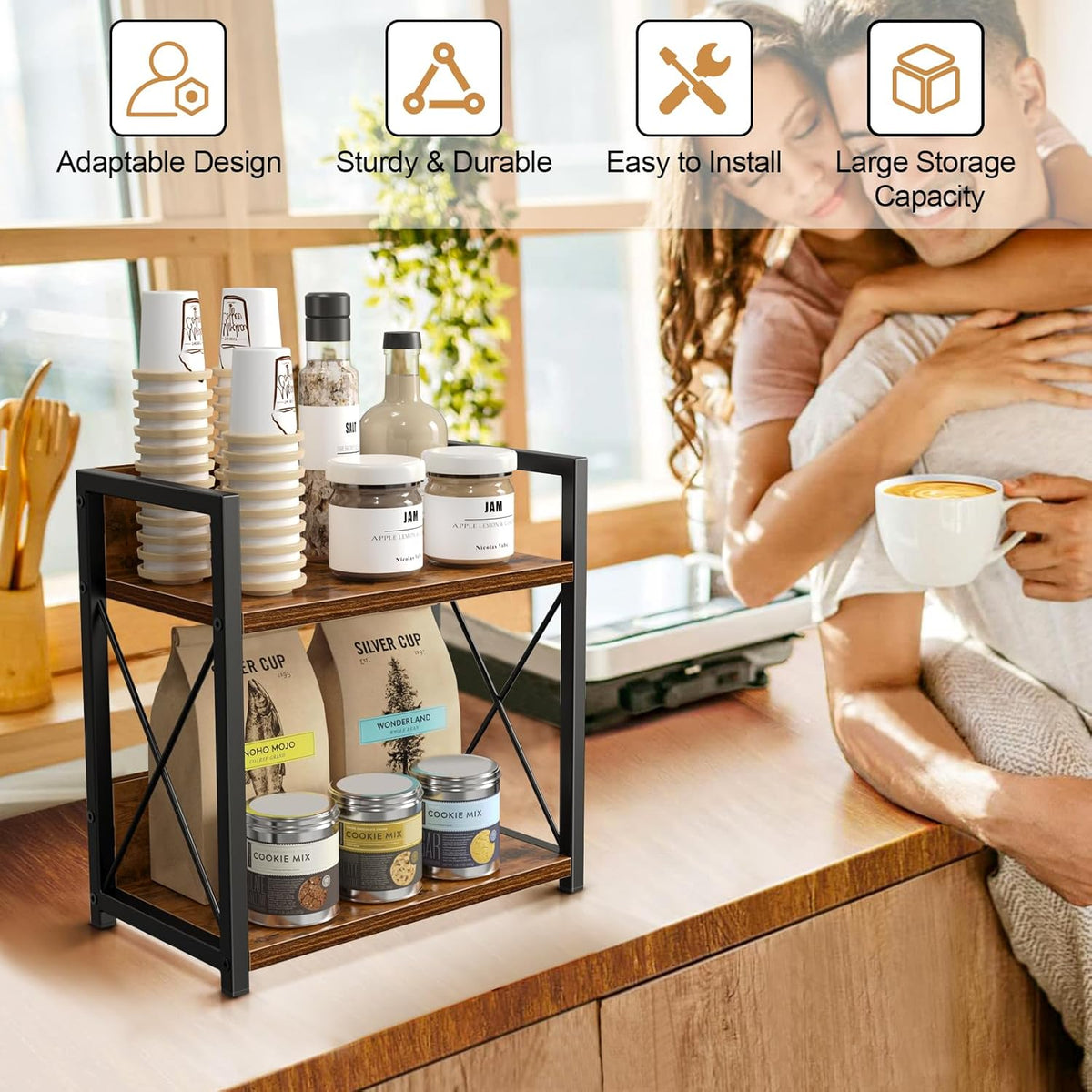 Giikin Kitchen Countertop Organizer, 2 Tier Spice Rack Organizer for Pantry, Kitchen Counter Shelf Wood Coffee Station Organizer (Brown, M)