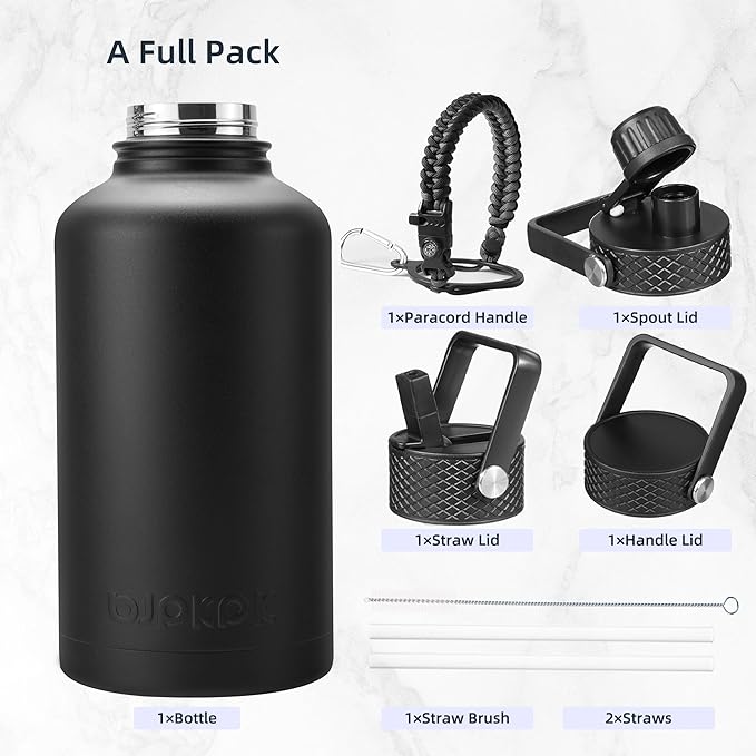 BJPKPK Half Gallon Insulated Water Bottles with Straw Lid, 64oz Large Water Jug, Stainless Steel Bottles with 3 Lids and Paracord Handle, Thermo for Hot & Cold Liquid, Black
