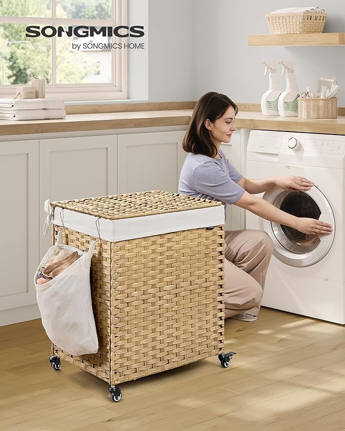 SONGMICS Laundry Hamper with Lid, 38.3 Gallons (145 L), Rolling Laundry Basket with Wheels, 2-Section Synthetic Rattan, Removable Liner, Bedroom, 21.7 x 15.7 x 26 Inches, Natural Color ULCB262Y01