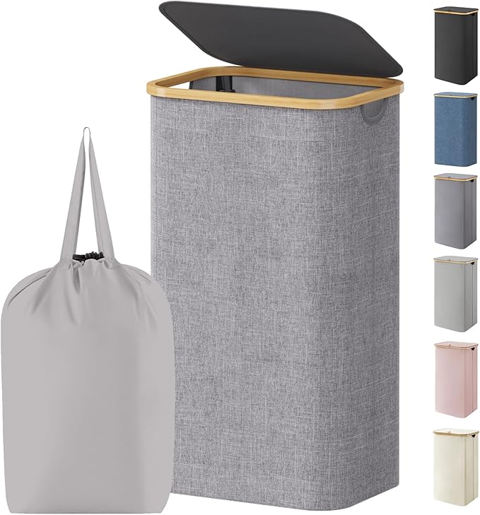 Lifewit 100L Laundry Basket with Lid, Clothes Hampers for Laundry with Bamboo Handles and 1 Removable Bag, Large Foldable Laundry Hamper for Bedroom, Bathroom, Dorm, Laundry Room, Light Gray