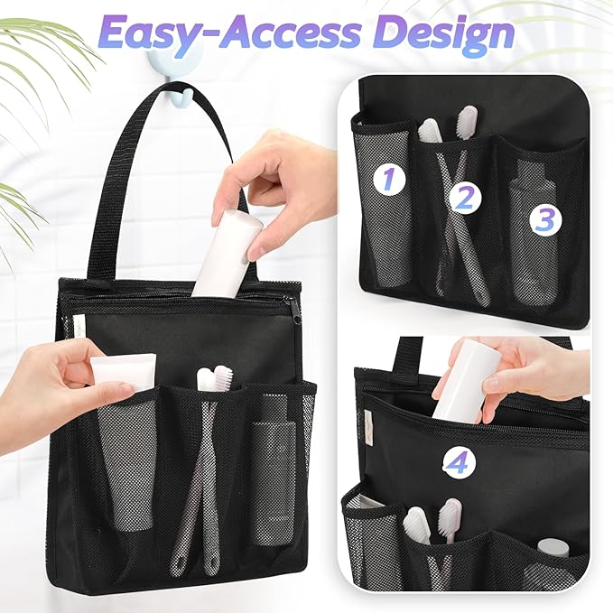 Portable Shower Caddy, Gym Travel Camp Dorm Room Essentials for College Student Boy Girl，Black Bathroom Mesh Shower Bag