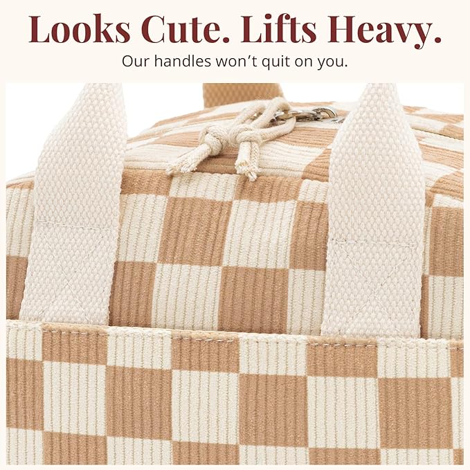 Insulated Brown checkered Lunch Bag for Women, Corduroy Tote with Aluminum Lining, Large Capacity Reusable Cooler for Work, Travel, Beach or Picnic, Checkered Water-Resistant Lunch Box