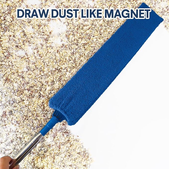 Retractable Gap Dust Cleaner with Extension Pole, Cleaning Tools with 3 Microfiber Dusting Cloths, Extendable Long Handle Duster for Cleaning Under Refrigerator Furniture Appliance (Blue)