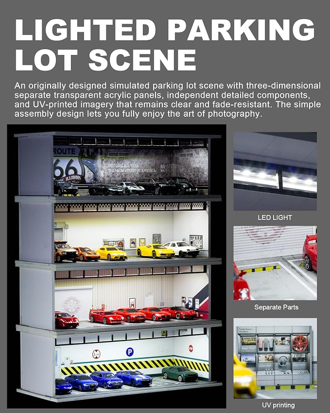 1/64 Scale Display Case Car Garage Moldel, Acrylic Cover Diecast Car Show Case with LED Light 6 Parking Spaces, Hot diecast Wheel Parking Scene (Vehicles Not Included) Wheels