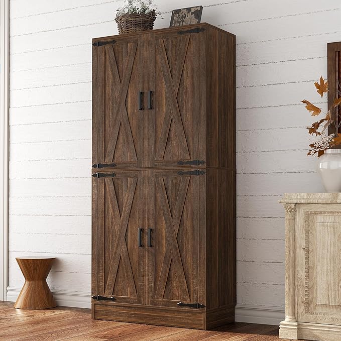 Unikito 71" Farmhouse Kitchen Pantry Storage Cabinet with Barn Doors, Adjustable Shelves & Drawer Organizer, Versatile Tall Storage Cupboard for Dining Room, Bathroom, Utility Room, Weathered Brown