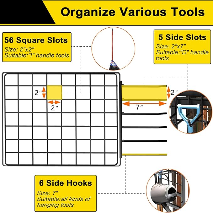GIOTORENT 5 Tier Garden Tool Organizer, Metal Yard Tools Storage Rack, Garage Storage and Organization, Heavy Duty Garden Tool Organizer for Garage, Yard, Patio, Shed, Indoors and Outdoors, Black