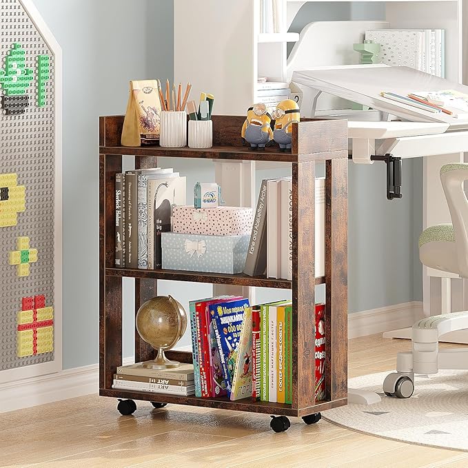 ALISENED 3 Tier Nightstand with Wheels, Wood Small Bookshelf and Bookcase, Farmhouse Bedside End Table with Storage Rack for Bedroom, Library, Living Room, Home, Office Cart, Rustic