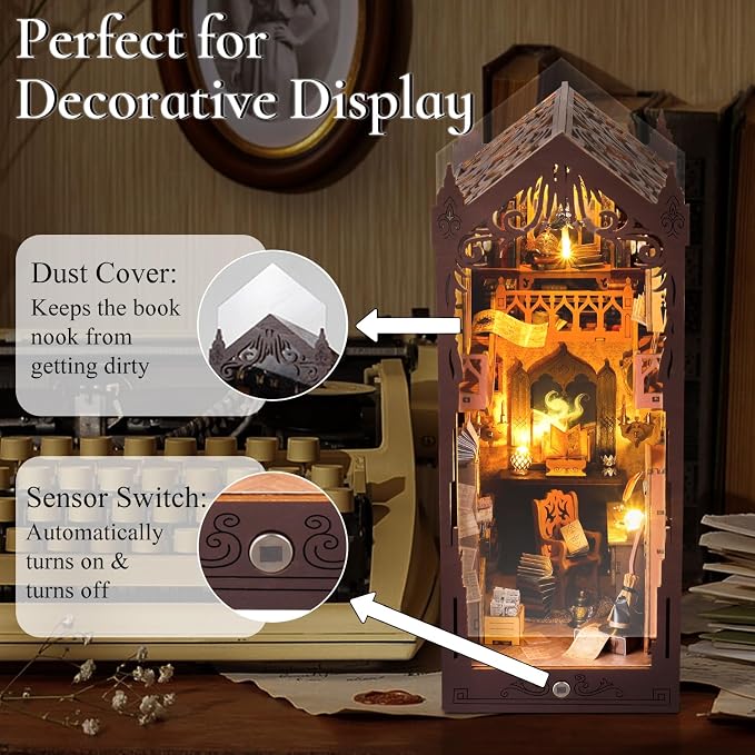 TuKIIE DIY Book Nook Miniature Kit, Booknook Dollhouse Bookshelf Insert with Sensor Light & Dust Proof, Wooden Decorative Bookend Stand Model Kits for Kids Teens Adults(Magic Library)