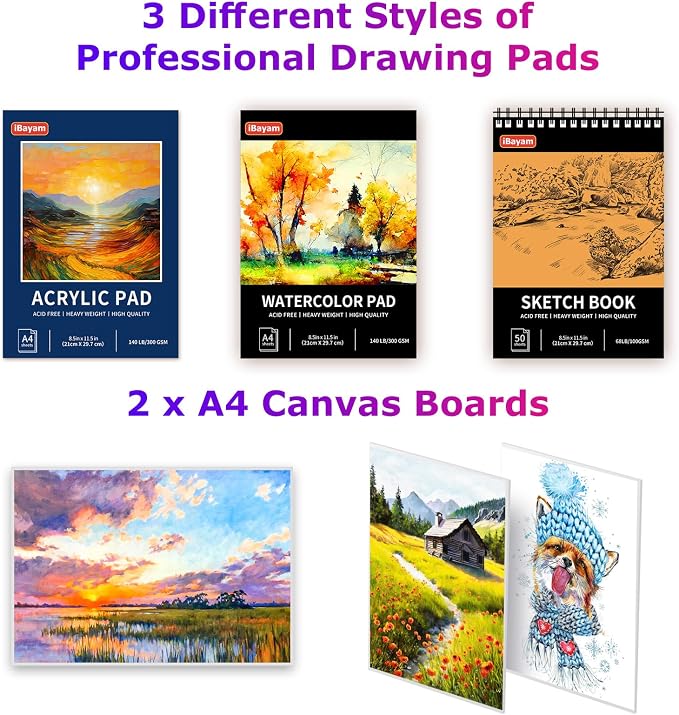 iBayam Art Set for Kids Teens Girls Boys Adult, 195-Pack Deluxe Artist Gift Box with 3 PCS Drawing Pads, A4 Canvases, Arts and Crafts Kits, Painting, Drawing & Art Supplies with 24 Color Acrylic Paint