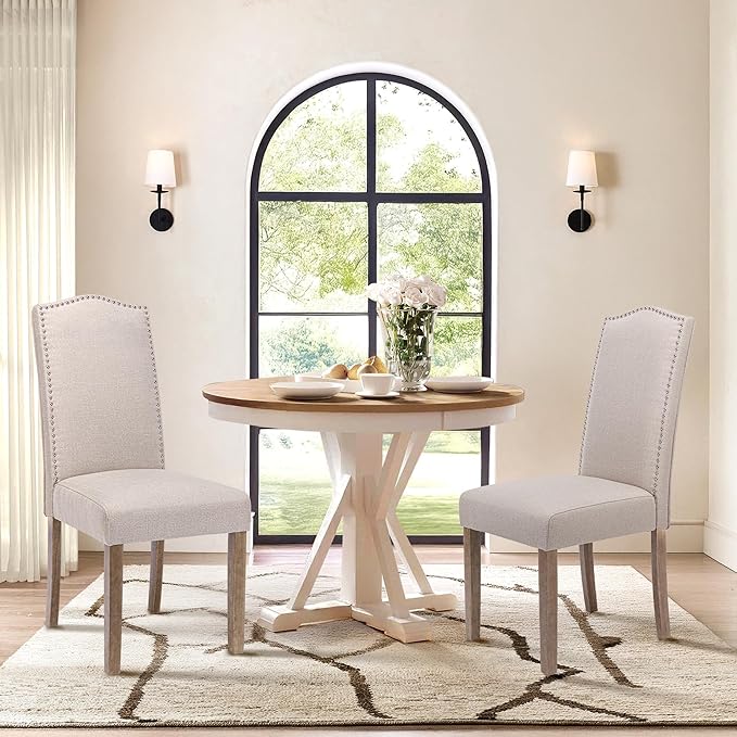 Upholstered Dining Chair Modern Stylish Parsons Kitchen Diner High Back with Silver Nailhead Trim & Wood Legs, Set of 2, Fabric Beige