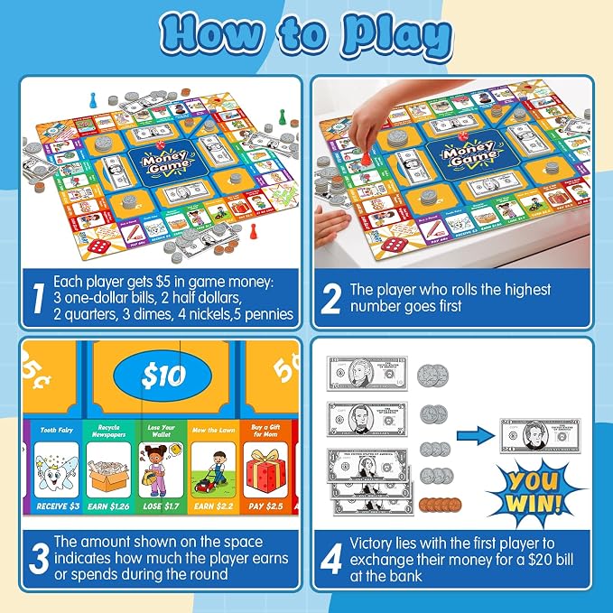 Torlam Money Board Games for Kids, Coins and Bills Toddler Pretend Play Toys, Money for Kids Learning Education Kindergarten Math Games Math Manipulatives, Homeschool Supplies Classroom Must Haves