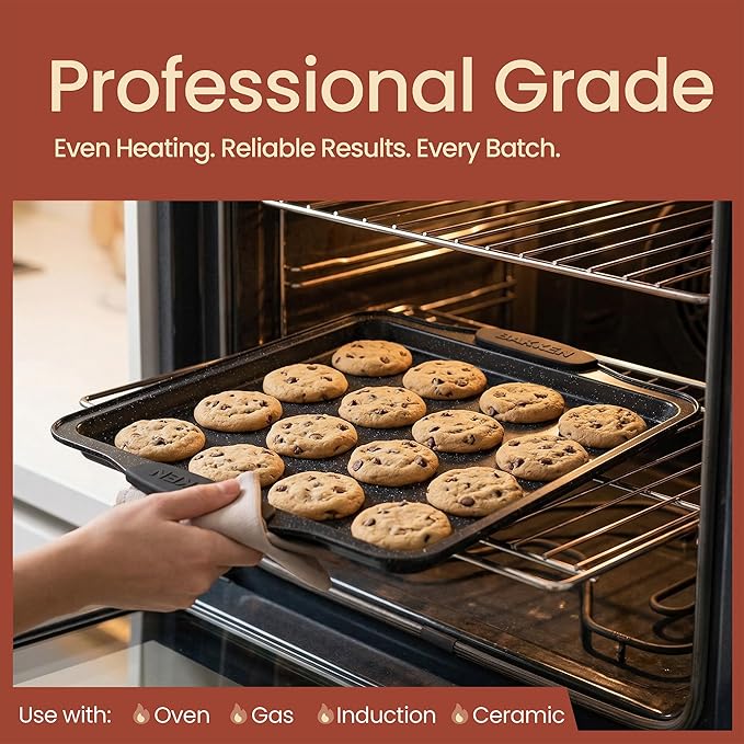 BAKKEN 8-Piece Kitchen Oven Baking Pans Set - Deluxe Nonstick Gray Marble Coating, Professional Grade Carbon Steel Bakeware with Silicone Handles - Oven, Dishwasher, and Freezer Safe