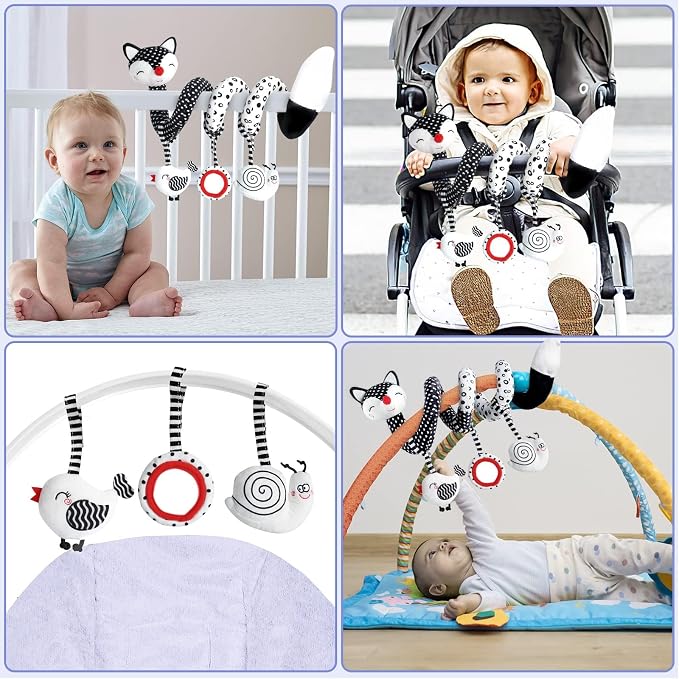 XIXILAND Baby Spiral Plush Toys, Black and White Baby Car Seat Toys, High Contrast Infant Newborn Toy 0-6 Months for Stroller Crib Mobile, Sensory Toy Best Gift for 0 3 6 9 12 Months Boys Girls