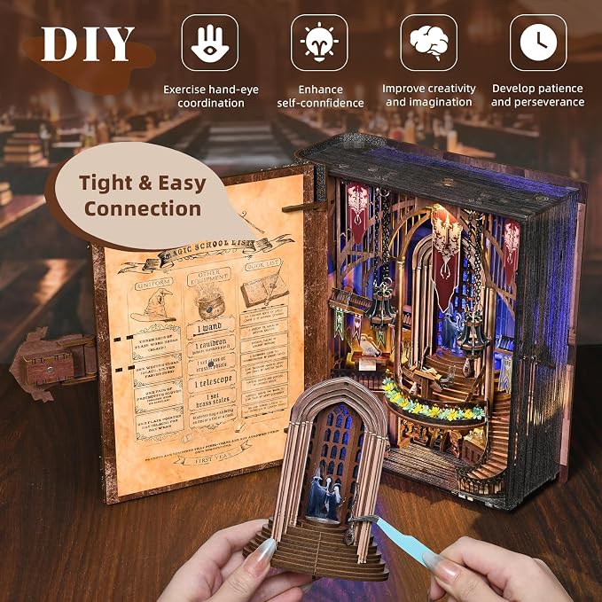 CCCDF Magic Book Nook Kit - DIY Miniature House Dollhouse Kit for Adults, Booknook Tiny House Bookshelf Decor 3D Wooden Puzzle, Gifts for Family, Friends (Magic Admissions Guide)