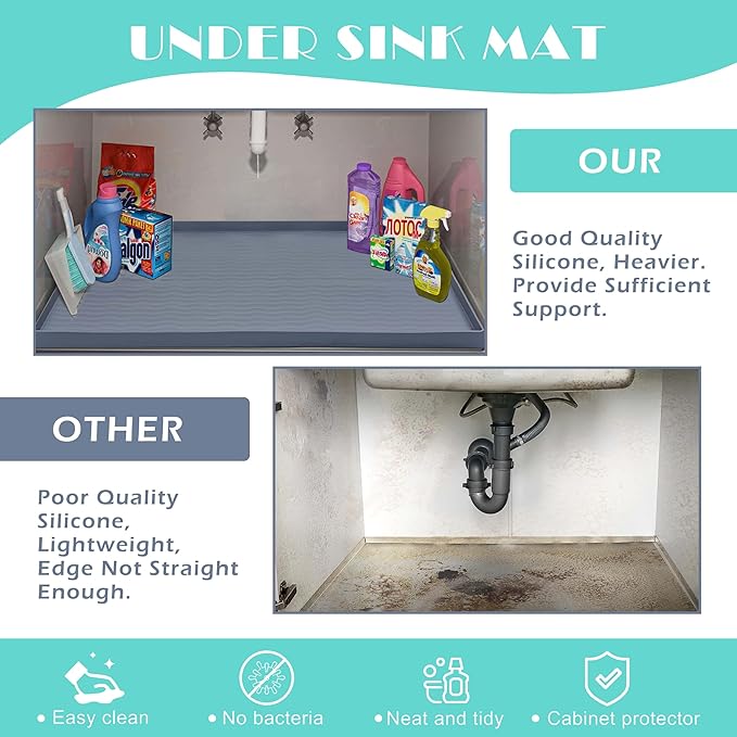 URMONA Waterproof Silicone Under Sink Mat 25'' x 22'' Shelf Liner for Kitchen and Bathroom, Cabinet and Counter Protector, Storage and Organizers, Litter Mat, Pet Cat Puppy Essentials(Navy)