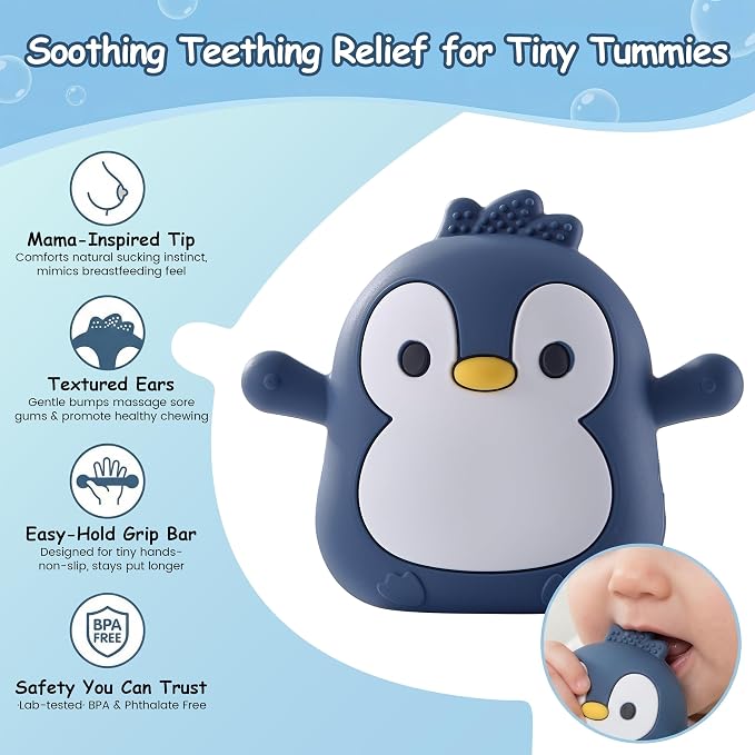 Baby Teething Toys for 3-6 Months Silicone Teething Mittens for Babies Food Grade Silicone Teether (Dolphin+Blue Penguin)