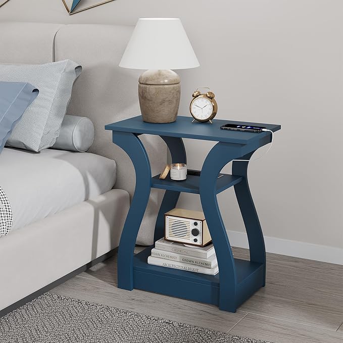 End Tables Living Room, End Table end Table with Charging Station and USB,Navy Blue Side Table, Nightstand for Bedroom,3 Tier End Table with Storage Shelf for Living Room