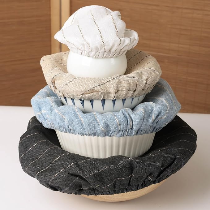 100% Linen Stripe Bowl Covers Reusable For Bread Proofing, 4 Pcs Elastic Cloth Fabric Bowl Covers, 5.9*7.9*9.8*11.8 Inches, Green