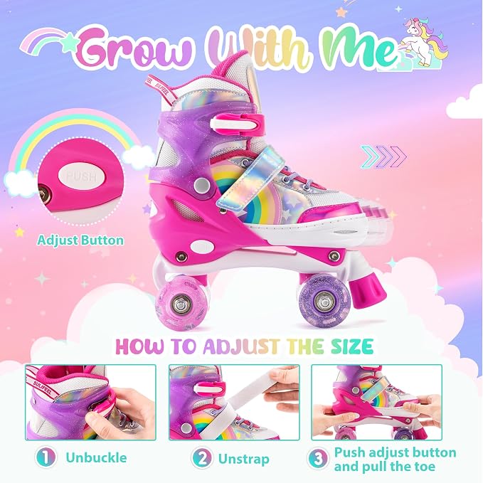 SULIFEEL Rainbow Unicorn 4 Size Adjustable Roller Skates for Girls Boys for Kids Ages 3-5 5-8 6-12 Children Skates Indoor Outdoor