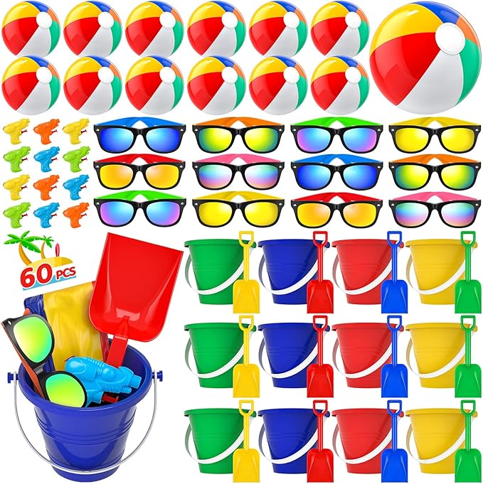 Pool Party Favors Beach Party Favors - 60 PCS Pool Toys For Kids Ages 3-8 Beach Balls Bulk, Sand Bucket and Shovels Set, Kids Sunglasses Bulk, Beach Summer Toys, Pool Party Supplies,Sand Toys