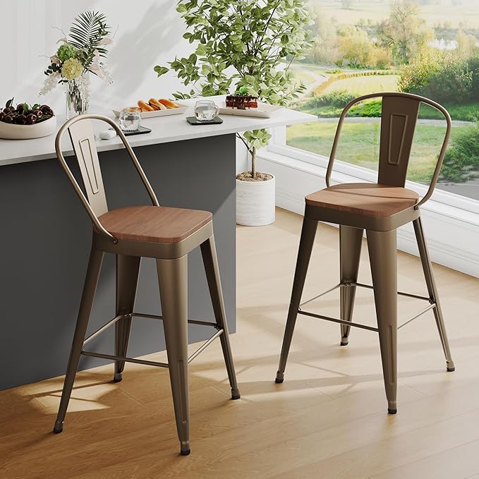 Andeworld Metal Bar Stools Set of 2, 26 inch Counter Height Barstools with Backs Farmhouse Modern High Back Bar Stools with Larger Seat Kitchen Dining Bar Chairs,Rusty