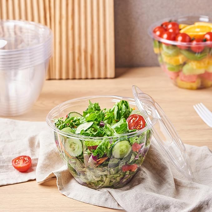 [48 oz. 150 Sets Clear Plastic Salad Bowls with Airtight Lids Disposable To Go Mixing Containers Serving for Fruit, Quinoa, Lunch and Meal Prep