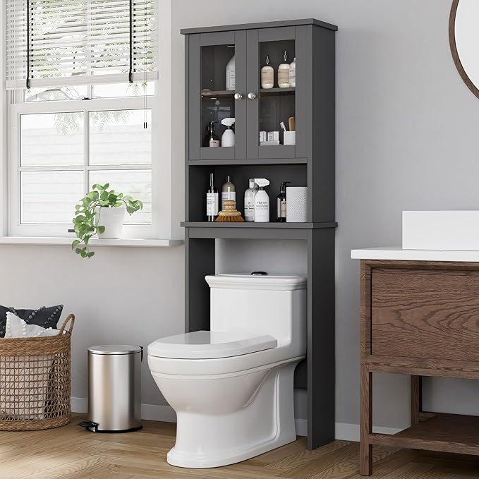 Shintenchi Over The Toilet Storage Cabinet, Bathroom Shelf Organizer with Anti-Tip Device Small Freestanding Space Saver with Adjustable Shelf and Glass Door, Gray