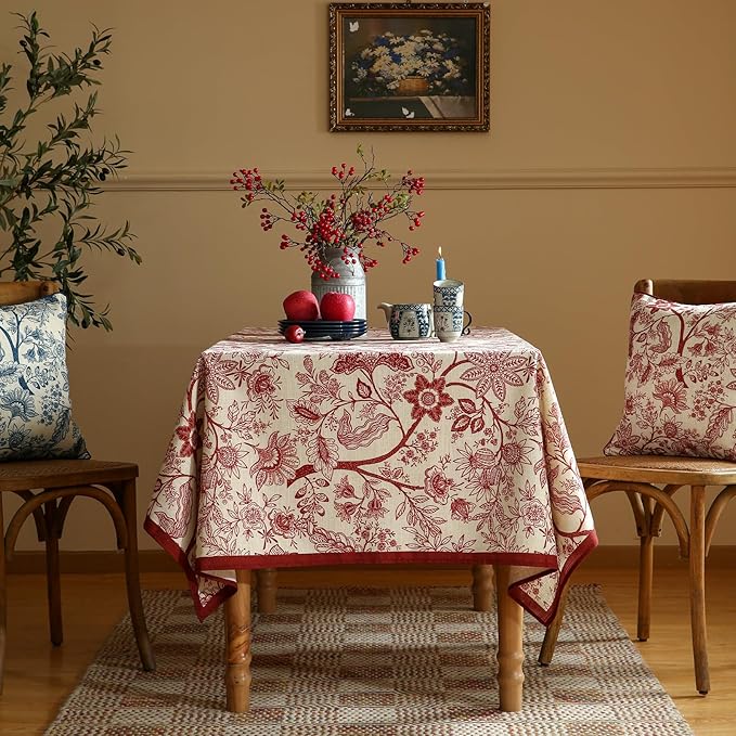 ISAENNE Designer French Linen Extra Long Rectangle Tablecloth,Red Floral Washable Indoor Table Cloth,Durable Home Decor Tablecloths for Dining Thanksgiving Kitchen Party,63"*110"-Ruyi A