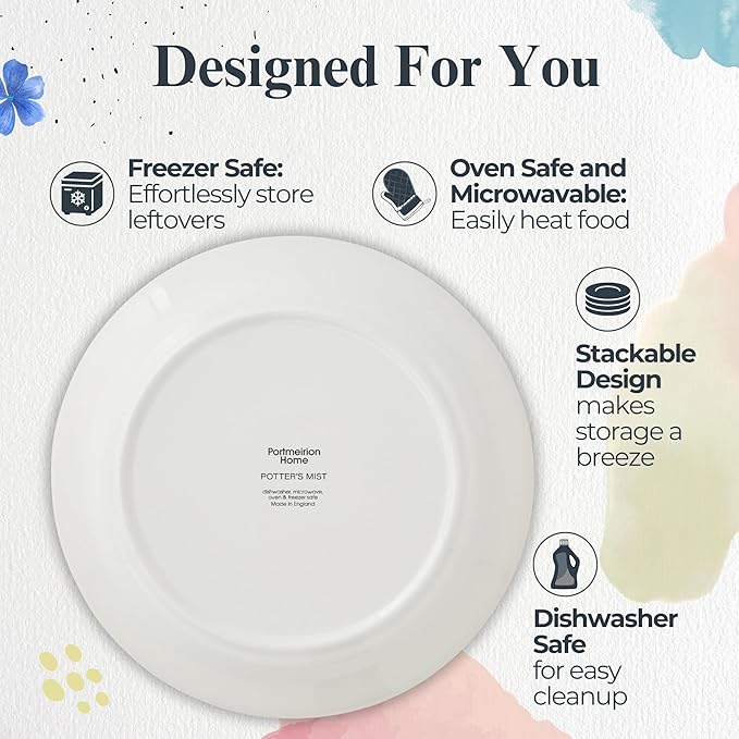 Portmeirion Potter's Mist Dinner Plate (Set of 4) - 8-Inch Stackable Earthenware Plates - Microwave & Dishwasher Safe, Handcrafted Dinnerware for Casual & Formal Table Settings (Blue Mist)