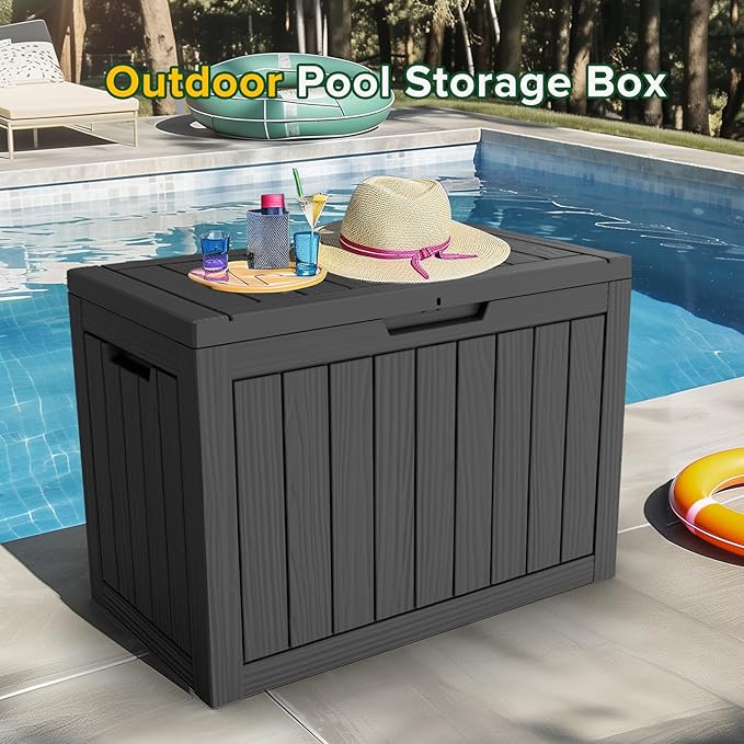 45 Gallon Outdoor Deck Box,Waterproof Resin Outdoor Storage Boxes, Outside Storage Lockable Container for Garden Tools,Indooor Cushions,Accessories (Black)