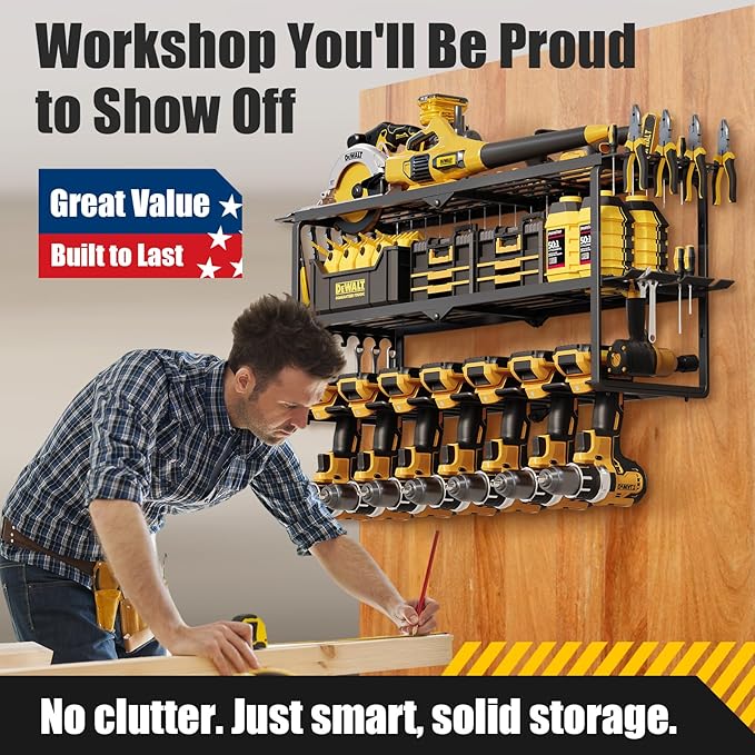 26''W Power Tool Organizer Wall Mount | 200lbs Garage Storage Rack with 7 Cordless Drill Holder | 3-Tier Heavy Duty Utility Shelf for Battery Workshop Organization