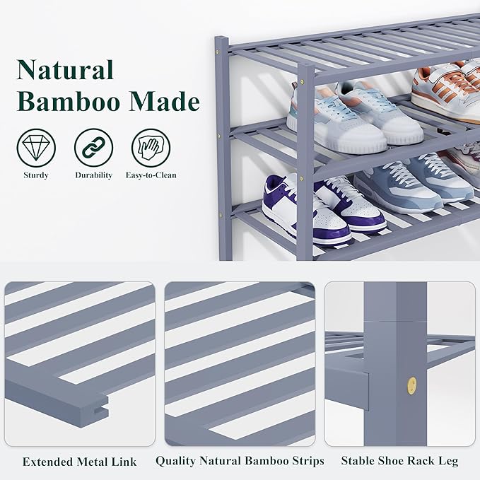 Smiry Shoe Rack, 3 Tier Thick Bamboo Shoe Organizer, Stackable Free Standing Wooden Shoe Storage Shelf for Closet, Entryway, Front Door Entrance, Grey