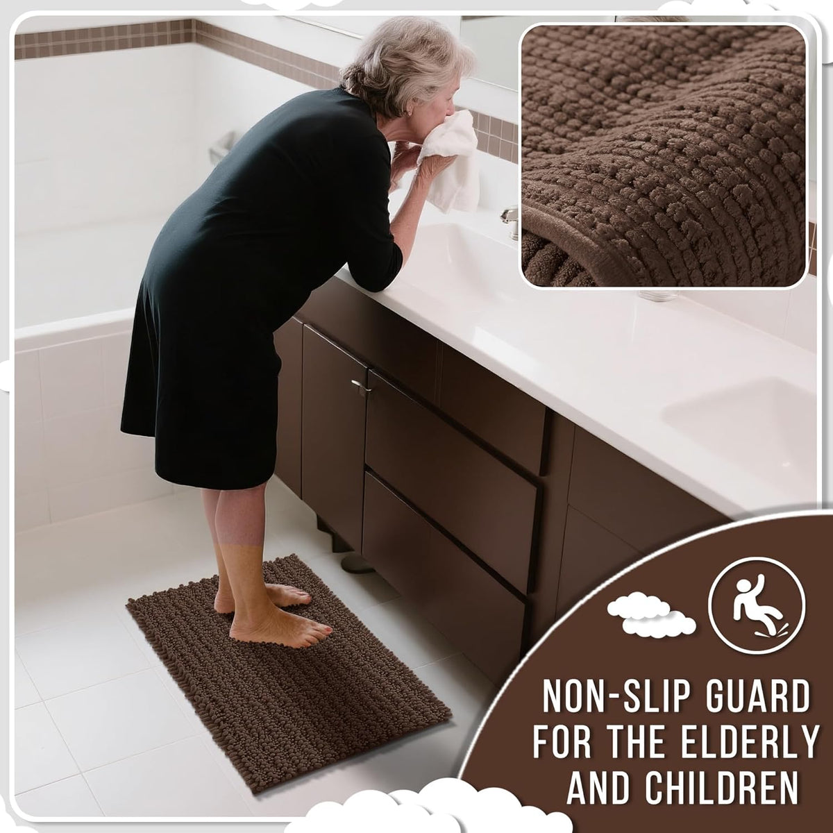 Yimobra Long Bathroom Rugs Non Slip Washable 44x24 Inch - Ultra Soft Absorbent Chenille Bath Mat, Quick Dry Shaggy Floor Carpet for Tub Shower, Brown Home Decor Accessories