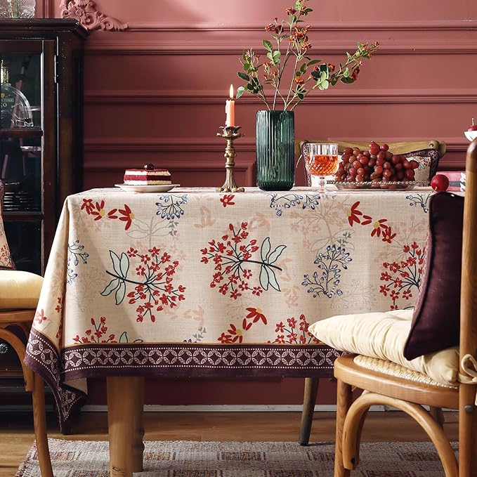 patdrea Designer French Linen Rectangular Table Cloth,Vintage Red Floral Fall Tablecloth,Breathable Dacorative Cover for Kitchen Dining,Tea Party,Christmas,Thanksgiving,Holiday,55"x87"-Newmari
