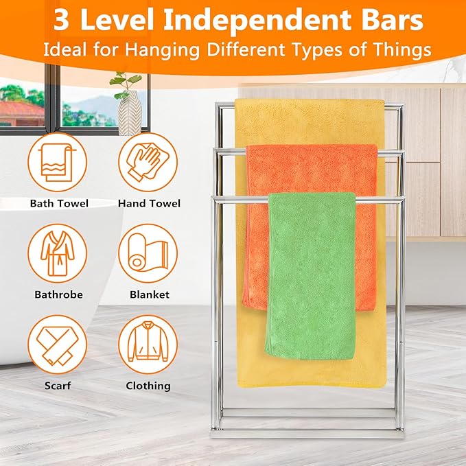 Free Standing Towel Racks for Bathroom, 3 Tier Stainless Steel Bathroom Towel Rack, Towel Drying Rack Stand for Outdoor Poolside, Blanket Holder, Chrome, DECLUTTR