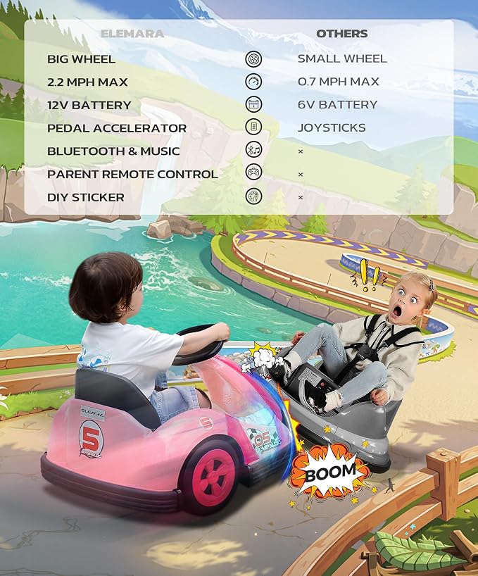 ELEMARA Toddler Bumper Car with Big Wheels, 2.2 Mph, Ride On Toys for Toddlers with DIY Stickers, 12v Electric Bumper Cars for Kids with Bluetooth,LED Light,Music for Indoor Outdoor,Peach Pink
