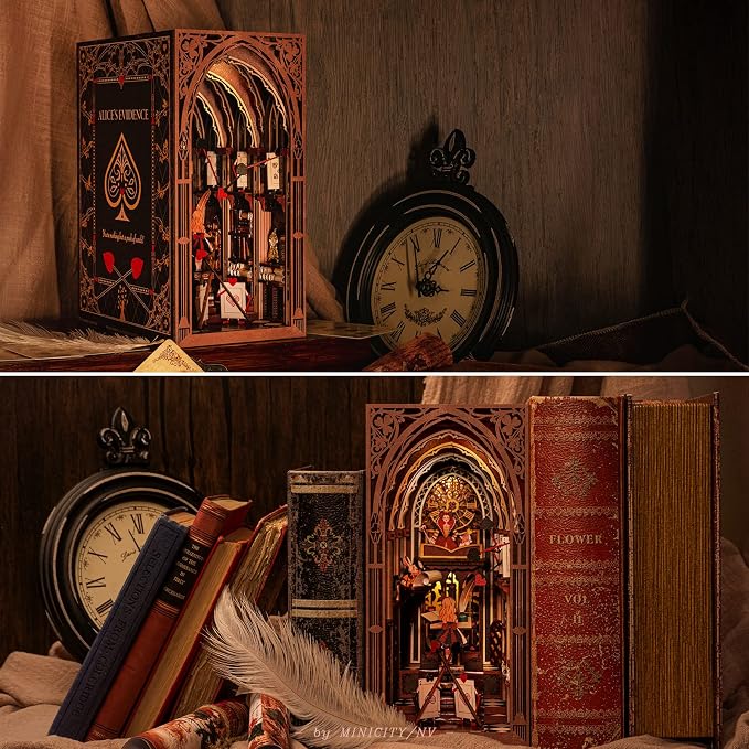 𝗠𝗶𝗻𝗶𝗖𝗶𝘁𝘆 Book Nook Kit, DIY Miniature Dollhouse Booknook Kit, 3D Wooden Puzzle Bookend Bookshelf Insert Decor with LED Light for Teens and Adults (Alice in Wonderland)