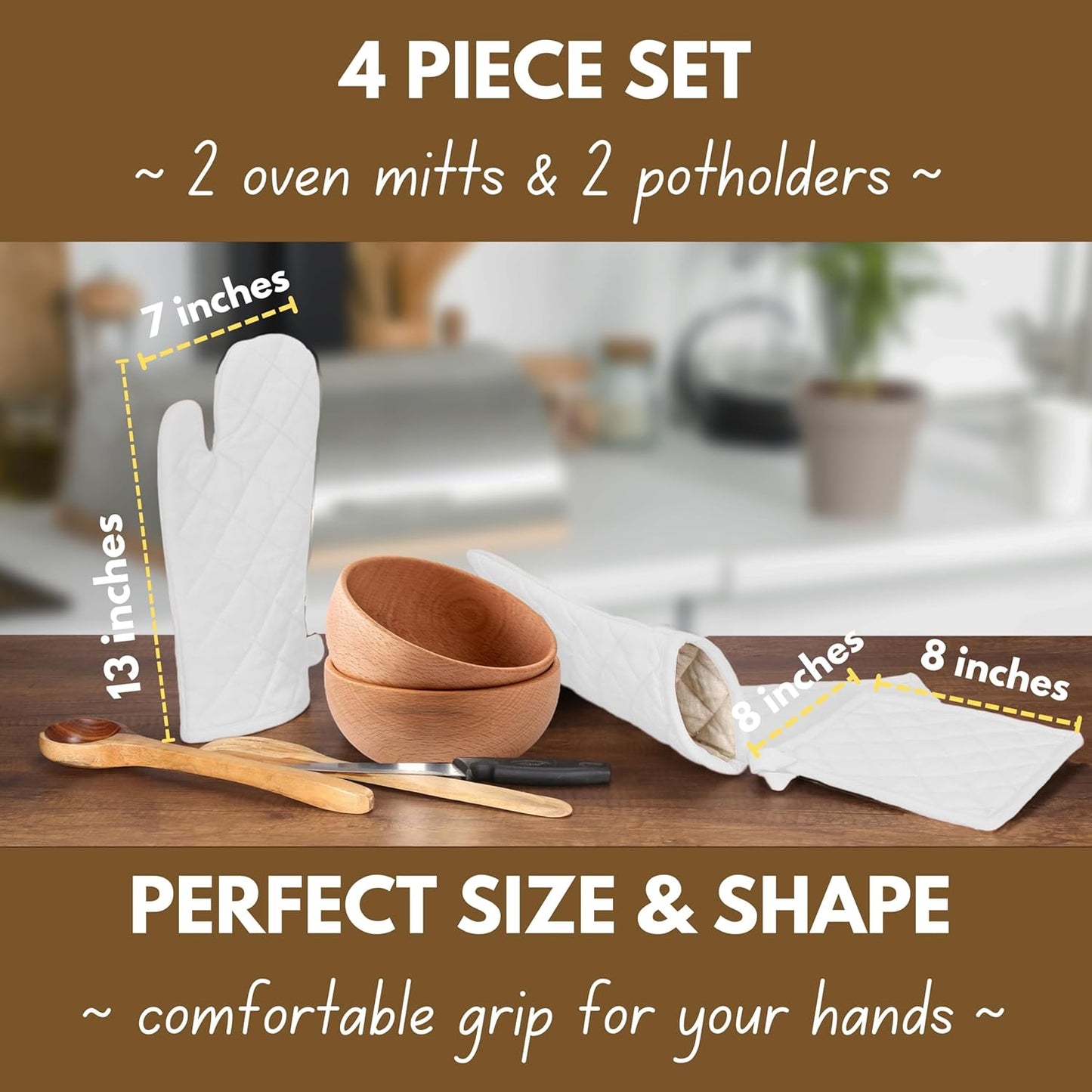 Native Fab 4 Piece Set - 2 Oven Mitts & 2 Potholders, Heat Resistant, 100% Cotton, Quilted Design, Non-Slip Grip, Machine Washable, Ideal for Baking, Cooking, BBQ, Kitchen Protection - White