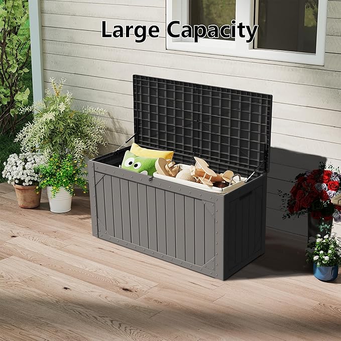 100 Gallon Waterproof Large Resin Deck Box，Storage Box for Patio Cushions(Grey)