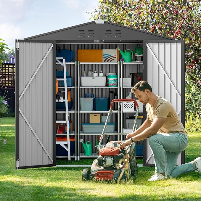 Gizoon Outdoor Storage Shed 6 x 4 FT, Galvanized Metal Garden Shed with Double Lockable Doors, Outdoor Storage Clearance for Backyard Patio Lawn-Dark Grey