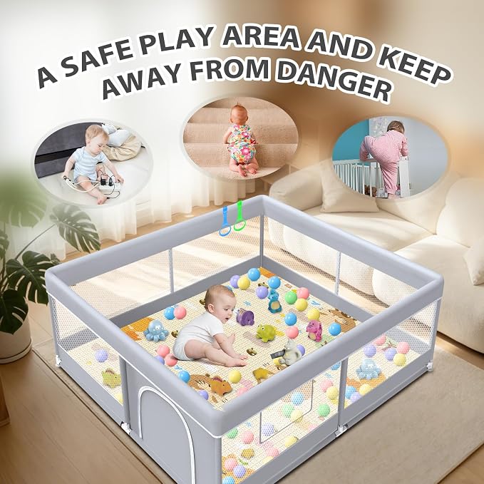 XVISHX Baby Playpen with Mat, 50x50 Inch Play Pen, Playpen for Babies and Toddlers, Baby Playard for Indoor & Outdoor Active Center Game Fence, with Skin-Friendly Fabric and Soft Breathable Mesh