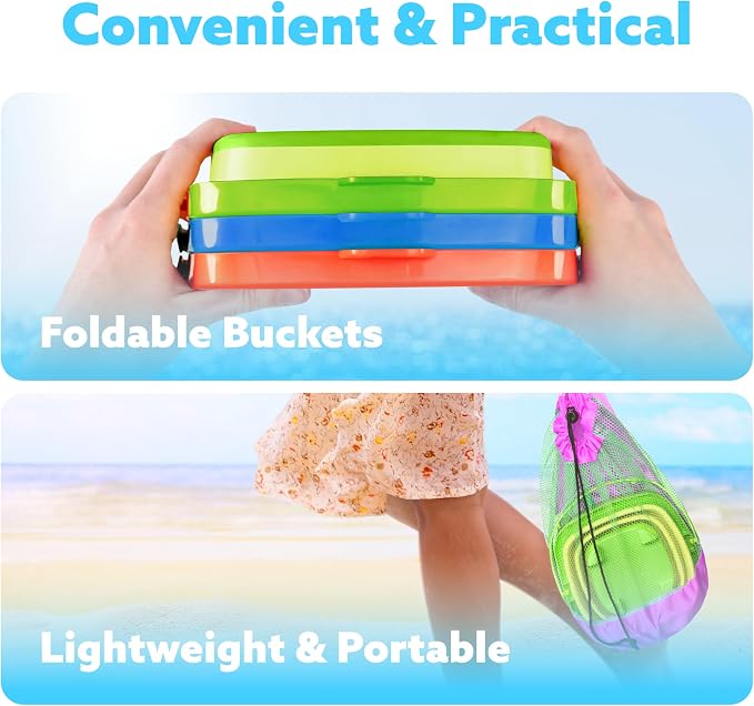 Sloosh 3-Pack Collapsible Sand Toys - Square Foldable Pail Silicone Beach Water Bucket with 3 Shovels for Sandbox Play, Party in Summer Portable Toddler Kids Toys Beach Travel (Orange/Blue/Green)