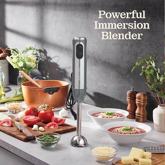 Powerful Immersion Blender, Electric Hand Blender 500 Watt with Turbo Mode, Detachable Base. Handheld Kitchen Blender Stick for Soup, Smoothie, Puree, Baby Food, 304 Stainless Steel Blades (Grey)