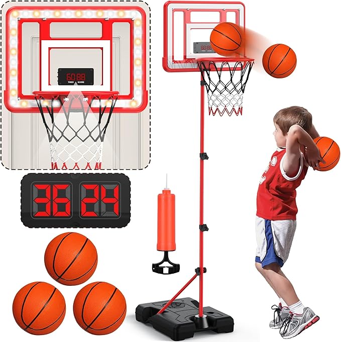 Kids Indoor Basketball Hoop with Scoreboard & Timer,Toddler Adjustable Height Basketball Goal Toy for Outdoor Backyard,Sports Game Play