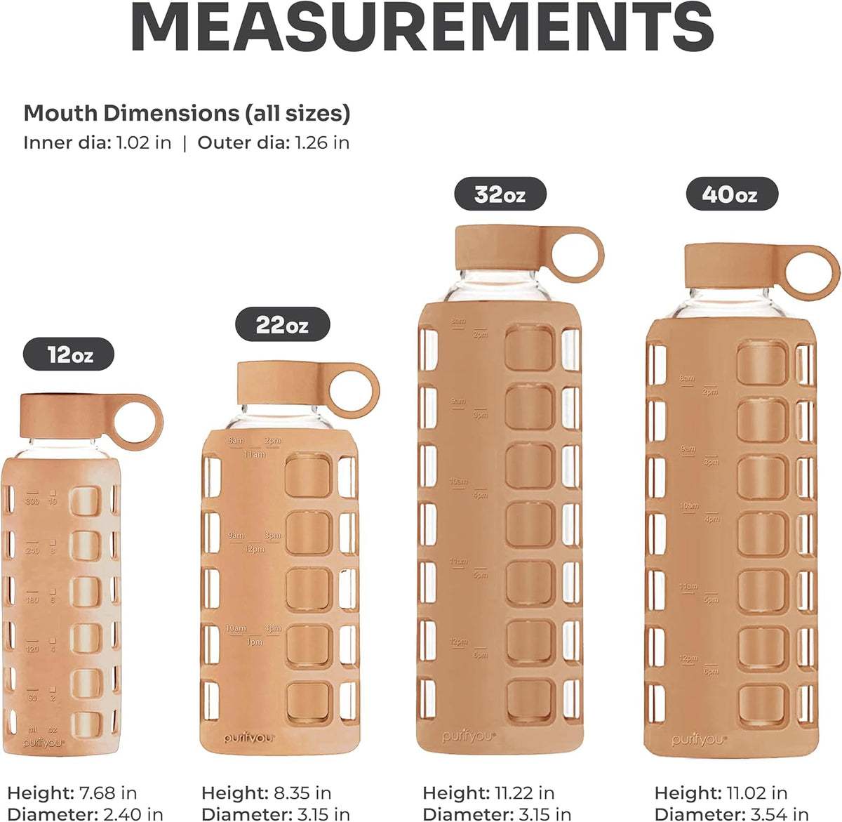 purifyou 40oz / 32oz / 22oz / 12oz Borosilicate Glass Water Bottle with Time & Volume Markers, Silicone Sleeve, Stainless Steel Lid – Reusable Glass Bottle for Water & Juice (32oz Iced Coffee)